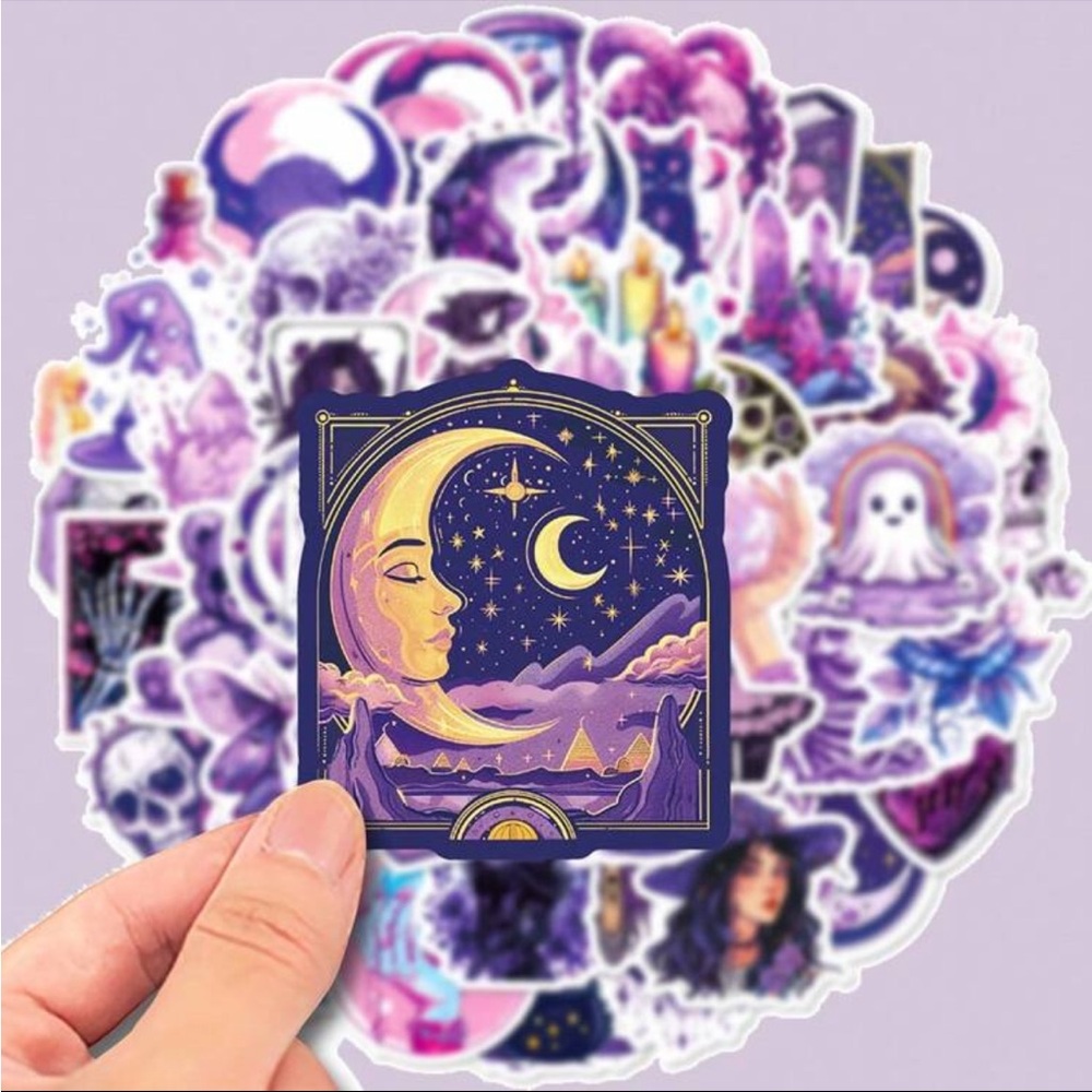50pcs Purple Gothic Graffiti Stickers With Sun, Moon Design